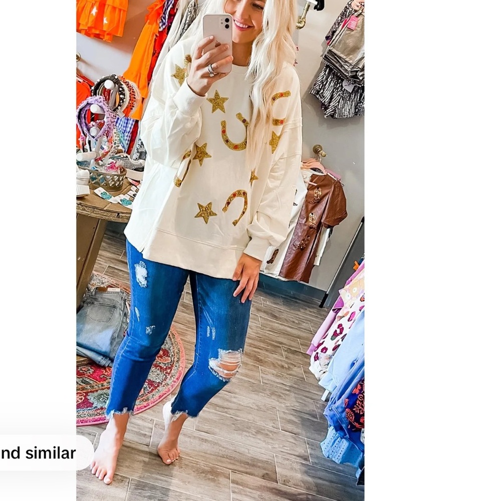 Peach love the good babes co sequin western horse shoe crew neck sweater small